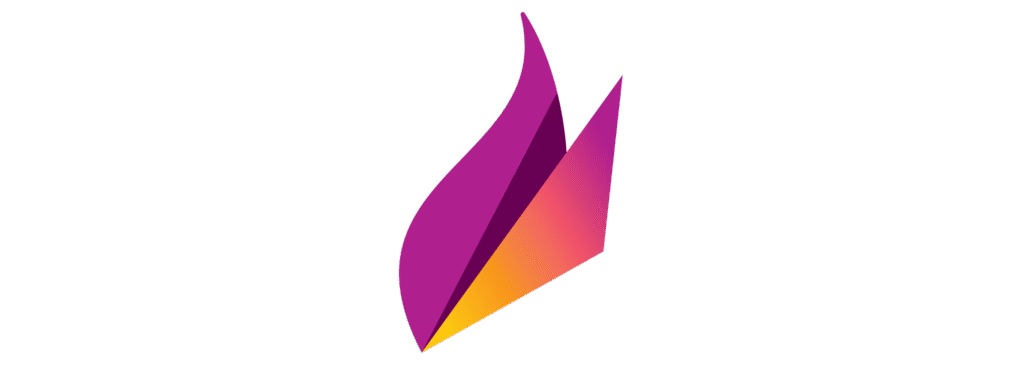 Purple and orange abstract flame logo.